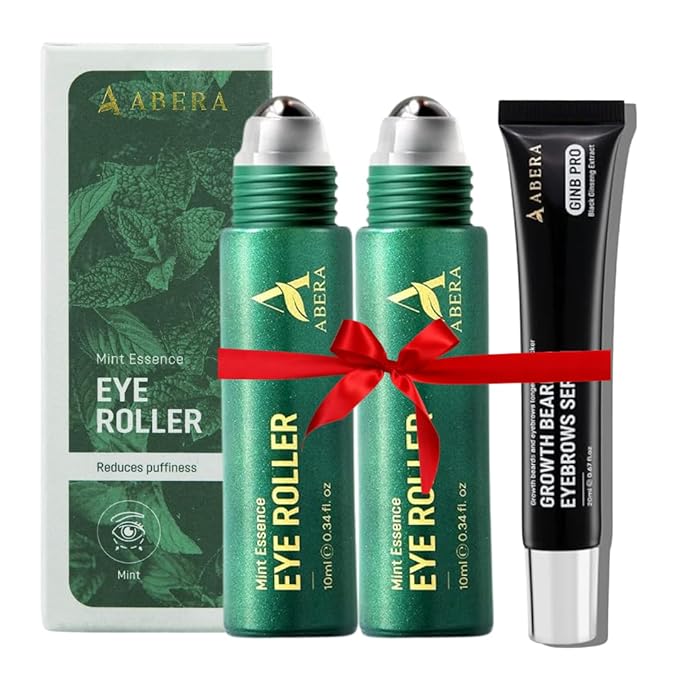 Abera Eye Roller Serum for Men – Cooling Roller for Puffy Eyes & Dark Circles, Under Eye Treatment with Mint Essence, Vitamin C & Peptides, 0.34 Fl Oz, 2 Box + 1 Eyebrows Serum