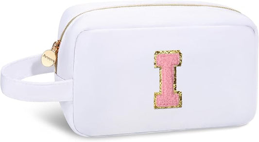 Aveniee Initial Makeup Bag for Women,Monogram Organizer With Handle,Preppy Travel Cosmetic Pouch,Personalized Christmas Birthday Gifts for Teen Girls Sister Teacher-White I