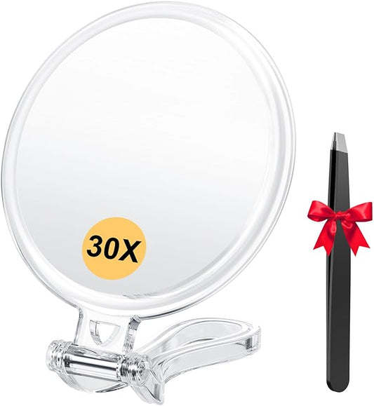 1X/30X Magnifying Mirror for Travel with Handle, Double Sided Hand Mirror with 1X/30X Magnification and Tweezers, Foldable Portable Handheld Magnifying Mirror for Makeup, Shaving, Travel