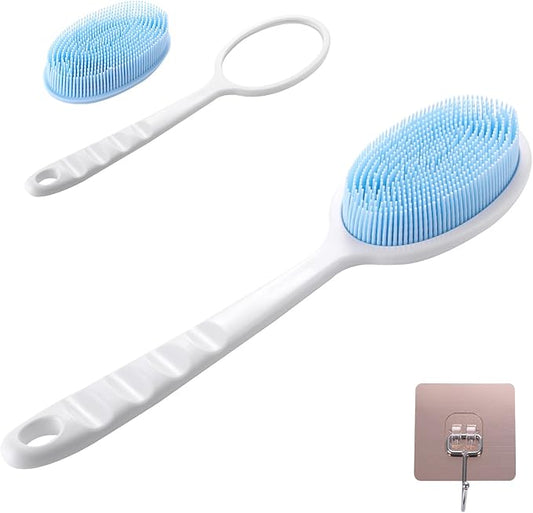 2-in-1 Silicone Body Brush with Detachable Long Handle, Double-Sided Back Scrubber for Bath with Hook, Rich Foam for Deep Cleansing and Exfoliating(Blue/Round)