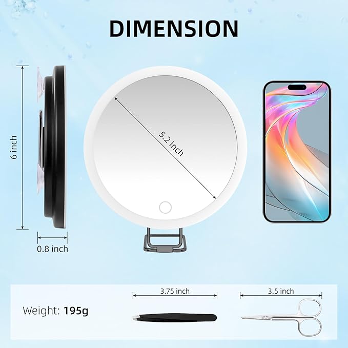 20X Magnifying Mirror with Lights, 6inch Makeup Magnified Mirror 20X Lighted Travel Magnification with 3 Suction Cups and 360° Adjustable Bracket- Includes Tweezers & Scissors