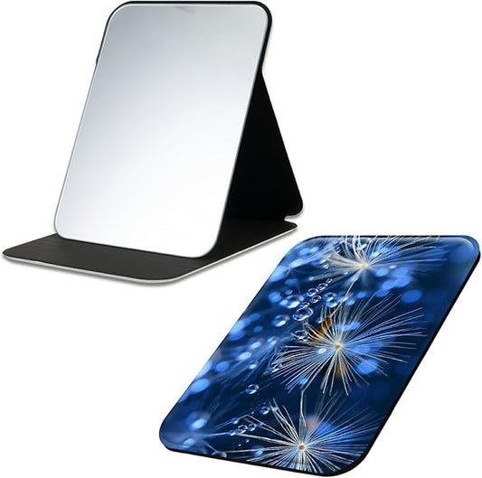 Blue Dandelion Folding Travel Mirror Vanity Mirror PU Leather Portable Adjustable Rectangular Ultrathin Makeup Mirror,for Travel, Camping,Home