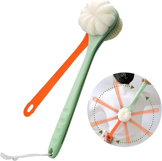 Hotodeal Shower Brush with Bristles and Bath Mesh Sponge,Handheld Cleansing Shower Body Brush,Back Scrubber with Long Handle for Skin Exfoliating Bath,Light Green Orange