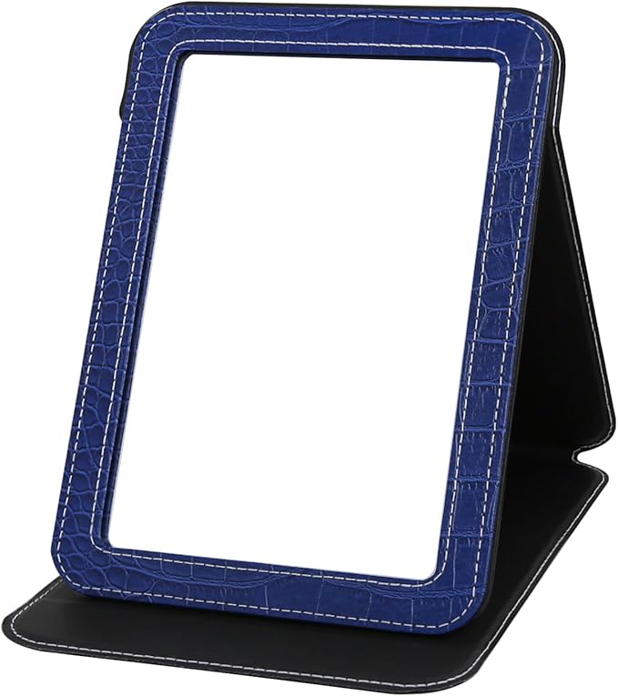 Blue Foldable Desk Mirror, 6.5×8.9” Adjustable Angle Rounded Rectangle PU Edge Covering Travel Mirror with Stand (LBlue)