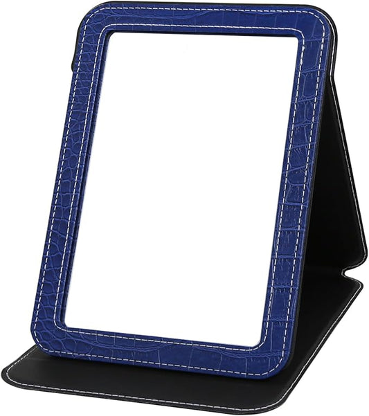 Blue Foldable Desk Mirror, 6.5×8.9” Adjustable Angle Rounded Rectangle PU Edge Covering Travel Mirror with Stand (LBlue)