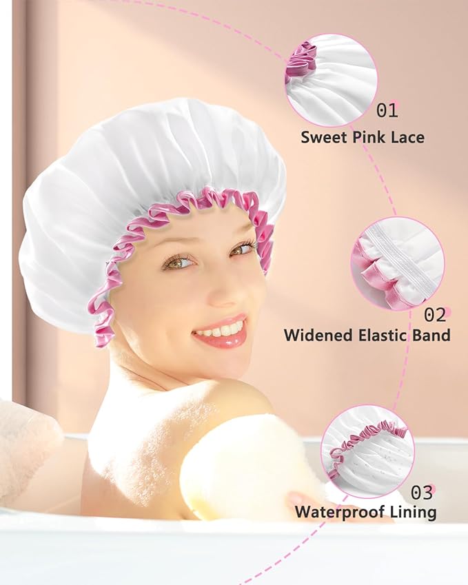 mikimini White Shower Cap Pack of 2 Waterproof Reusable Double Layers Bathing Hair Caps with Soft Comfortable PEVA Lining, Cute, Non-fading & Stretchy Shower Hat Medium White
