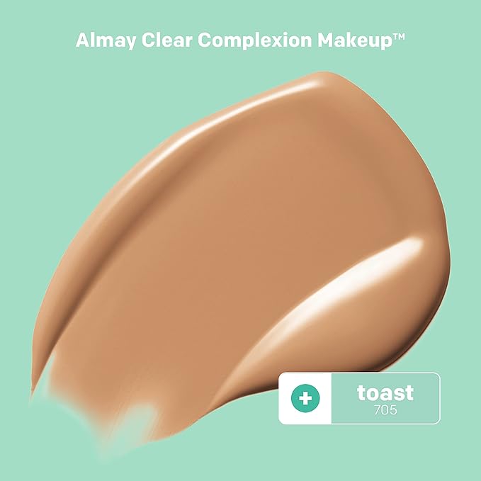 Almay Clear Complexion Acne Foundation Makeup with Salicylic Acid, Medium Coverage, Soft Matte Finish, Hypoallergenic, Cruelty- & Fragrance-Free, Dermatologist Tested, 705 Toast, 1 fl oz