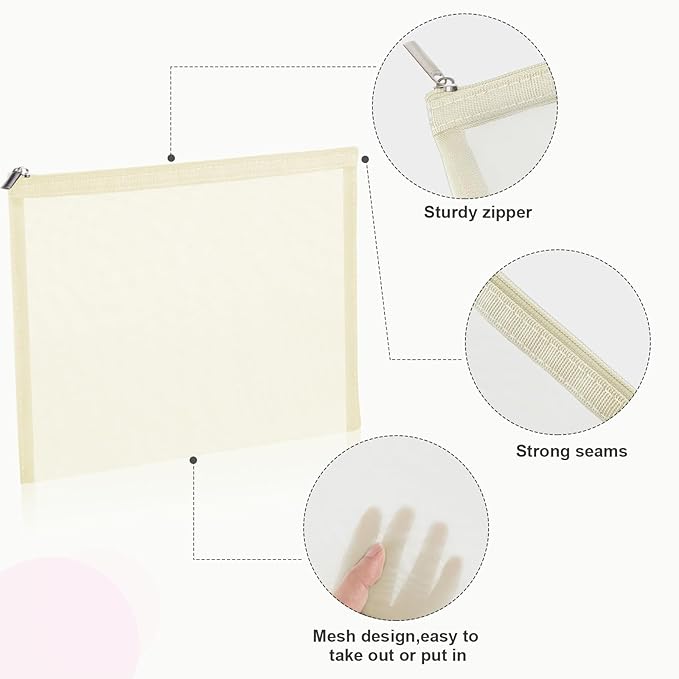 Boao 6 Pieces Mesh Makeup Bags Mesh Cosmetic Bag Portable Travel Organizing Zipper Pouch Toiletries Makeup Pouches for Home Office Travel Accessories (Beige)