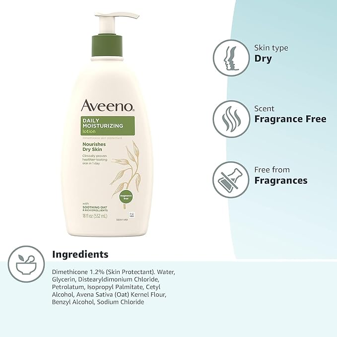Aveeno Daily Moisturizing Body Lotion, Body Lotion for Dry Skin with Prebiotic Oat, Paraben Free, Fragrance Free, Non-Greasy, Non-Comedogenic Moisturizer, 18 FL OZ