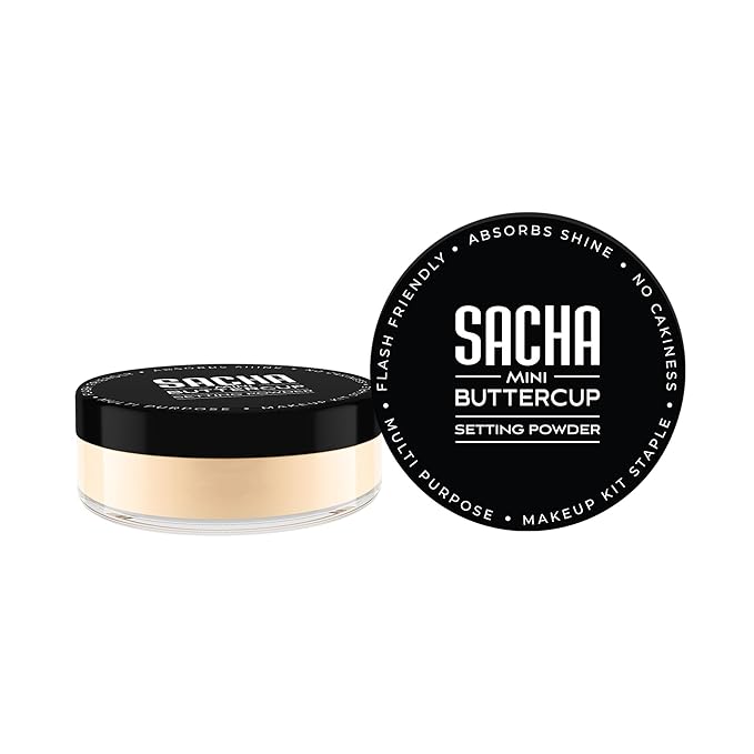 Sacha BUTTERCUP Light Mini Setting Powder. No Ashy Flashback. Blurs Fine Lines and Pores. Loose, Translucent Face Powder to Set Makeup Foundation or Concealer. For Light to Medium Skin Tones, 0.35 oz.