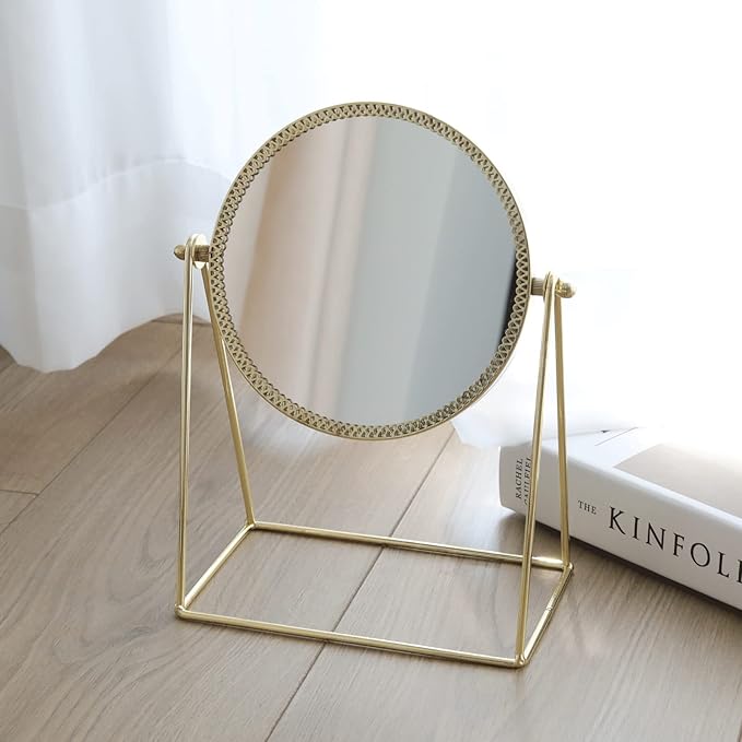 LONGSHENG - SINCE 2001 - Makeup Mirror Single Sided Vanity Mirror Vintage 360° Rotation Metal Cosmetic Mirror Round Beauty Mirror Handmade Make Up Mirror for Dresser Vanity Table Desk - Gold