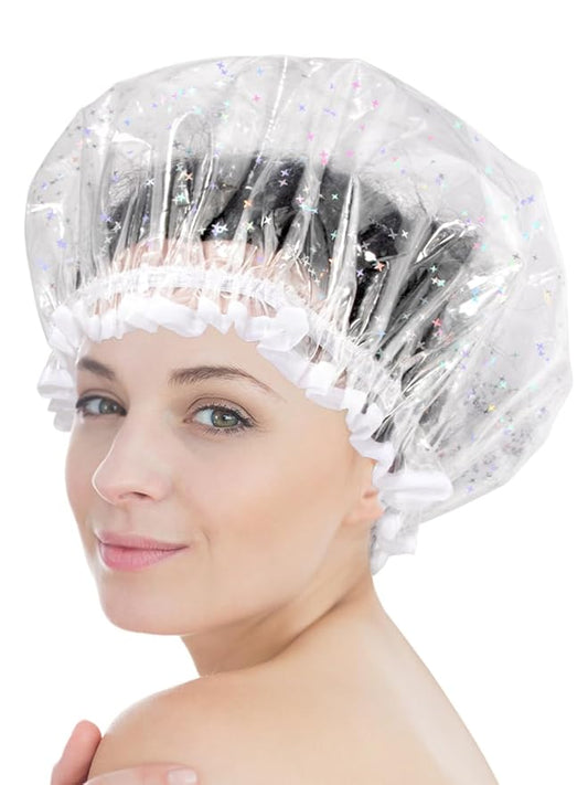 Auban Luxury Shower Cap Reusable Waterproof for Women Sequin Lined Hair Cap for Shower Plastic Cap for Long Hair Large Double Layer Bath Cap Travel Essential & Cleaning Supplies