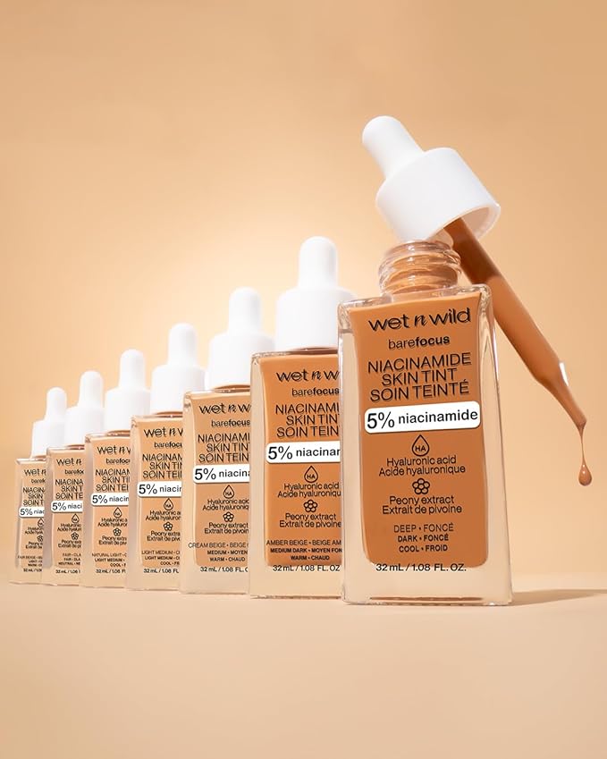 wet n wild Bare Focus Skin Tint, 5% Niacinamide Enriched, Buildable Sheer Lightweight Coverage, Natural Radiant Finish, Hyaluronic & Vitamin Hydration Boost, Cruelty-Free & Vegan-Light Medium Sand