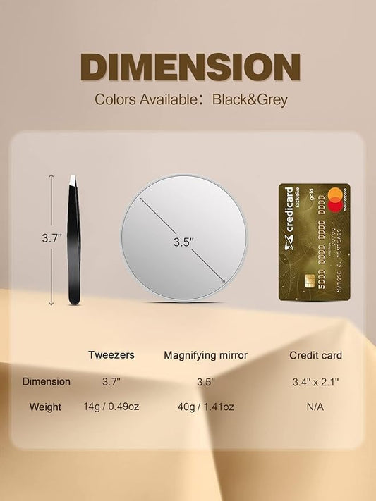 10X Magnifying Mirror with 2 Suction Cups, 3.5 inches Magnified Makeup Mirror and Slant Tweezers,Grey,1PC