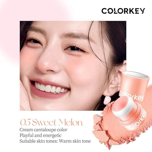 COLORKEY Shimmering Pudding Powder Blush, Lightweight, non-drying and smooth, Naturally Luminous Semi-Matte Finish, Self-contained brush, portable makeup (05 Sweet Melon, 3.2g)