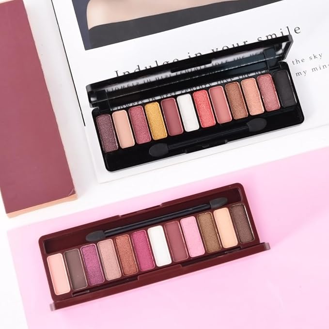 2-Pack 12-Color Nude Eyeshadow Palette with Mirror– Matte, Shimmer & Glitter Pigments Eye Makeup for Artists, Waterproof, Cruelty Free, Nude Pink Purple Brown Red Powder