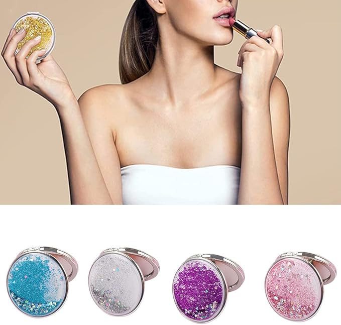AKOAK 1 Pack Compact Mirror, Portable Quicksand Pocket Travel Makeup Mirror, Folding Hand-held Double Sided 1x/2x Magnifying Glass, Great Gift for Women and Girls (Glod)