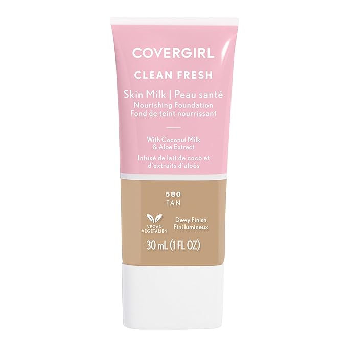 COVERGIRL Clean Fresh Nourishing Skin Tint, 580 Tan, Liquid Foundation, Dewy Finish, Infused with Coconut & Aloe, Vegan Formula