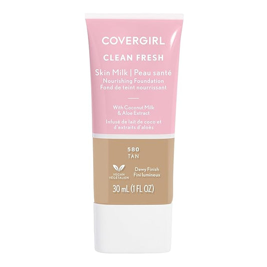 COVERGIRL Clean Fresh Nourishing Skin Tint, 580 Tan, Liquid Foundation, Dewy Finish, Infused with Coconut & Aloe, Vegan Formula