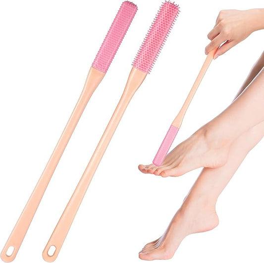 FRCOLOR Toe Cleaning Brush 2Pcs Toe Seam Massage Brush for Shower 15.7 Long Handle Silicone Foot Scrubber Feet Cleaner Brush for Seniors Elderly Men Women-Pink