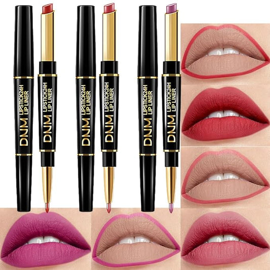 BINGBRUSH 2 IN 1 Lip Liner & Lipstick Makeup Set, Dark Red Matte Metallic Lipliner Set for Black Mature Women Waterproof Long Lasting Gift Set (3Pcs Set10-Matte:25#26#27#, 3Pcs)