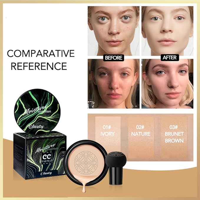 Mushroom Head Air Cushion CC Cream Foundation, Moisturizing Concealer BB Cream Nude Long Lasting Matte CC Cream Makeup Liquid Foundation (1pcs Buff Beige)