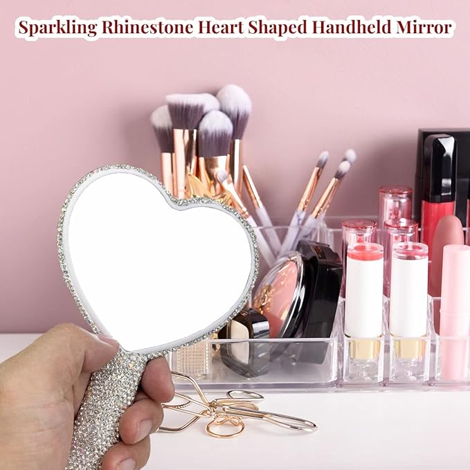 LOPURO Sparkling Rhinestone Heart Shaped Handheld Mirror, Rhinestone Handheld Heart Mirror Bling Glitter Cute Cosmetic Hand Mirror with Handle Portable Makeup Mirror for Women Travel