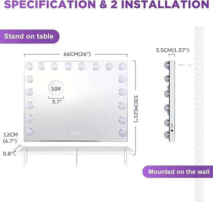 M MIVONDA Hollywood Vanity Mirror with 18 Bulbs Lights, Large Lighted Makeup Mirror for Desk and Wall, Dimmable 3 Lighting Modes, Plug-in & USB Charger Port, White