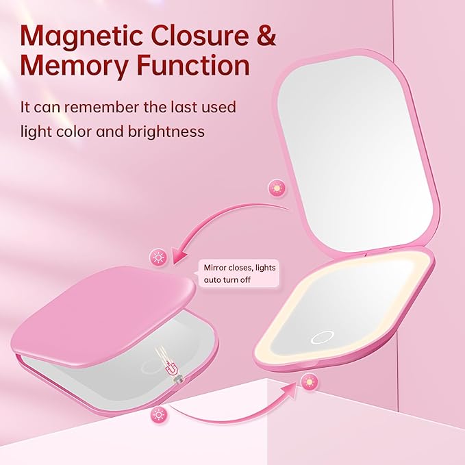 Benbilry Lighted Compact Travel Mirror with 3 Color Lights, 1X/3X Magnifying Ultra Slim Rechargeable Pocket Mirror for Purse, 2-Sided, Handheld, Folding, Portable, Pink