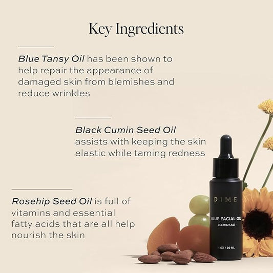 DIME Beauty Blue Facial Oil, 1 oz / 30 mL - Blemish Spot Treatment with Blue Tansy, Black Cumin Seed, Rosehip, and Grapeseed Oils