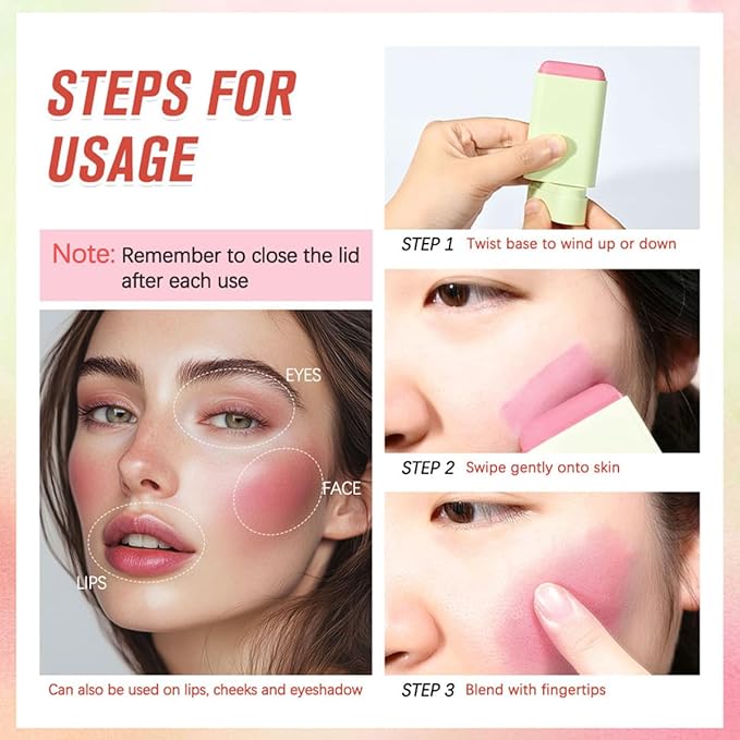 PH Tinted Moisture Stick，Multi-Use Cream Color Changing Blush, 3-in-1 Blush Stick for Cheek/Eyes/Lips, Waterproof Hydrating Tinted Solid Makeup Products (1# Shy Pink)