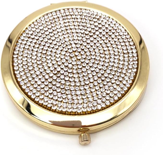 2pcs Magnifying Compact Mirrors Pocket Makeup Mirror 1X 2X Folding Cosmetic Mirror Foldable Mini Round Travel Mirrors 2.75 Inch Sturdy Metal with Diamonds Gifts for Women Girls (Golden)