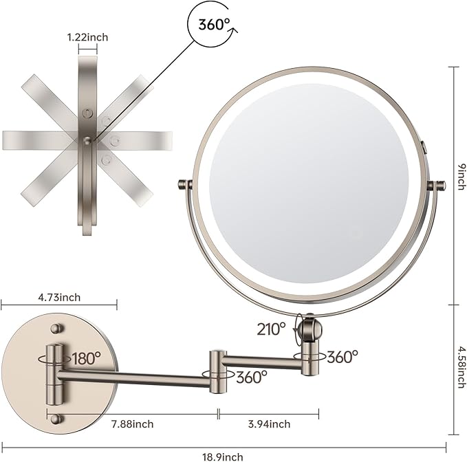 9" Wall Mounted Makeup Mirror with Lights, 4000mAh Rechargeable 1X/10X Wall Mounted Magnifying Mirror for Bathroom, 3 Color Lighting,Touch Screen Dimming,Extended Arm 360 Rotation Wall Mount Mirror N