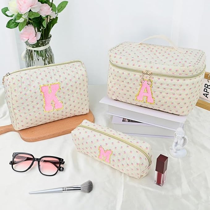 3 PCS Travel Makeup Bag Set, A-Z Initials Cotton Make up Bag Floral Quilted Cosmetic Bag for Girls and Women, Personalized Cute Toiletry Bag Travel Accessories Brushes Bag Flower - S
