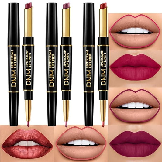 BINGBRUSH 2 IN 1 Lip Liner & Lipstick Makeup Set, Dark Red Matte Metallic Lipliner Set for Black Mature Women Waterproof Long Lasting Gift Set (3Pcs Set03:02#05#08#, 3Pcs)