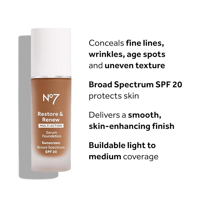 No7 Restore & Renew Multi Action Serum Foundation - Cool Beige - Liquid Foundation Makeup with Vitamin C, Vitamin E & Collagen for Face - Beauty Skin Serum Formula with Medium Coverage (30ml)