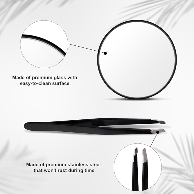 10x Magnifying Mirror, Easy Mounting 10x Magnifying Mirror with Suction Cups and Tweezers Magnifying Makeup Mirror Small for Travel Stick on Shower Mirror for Men Women, 3.5 Inch, Black