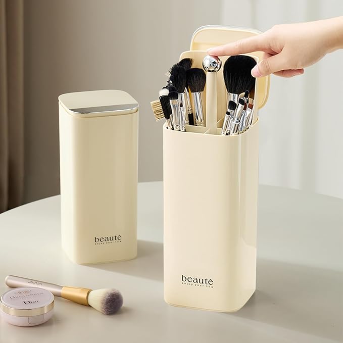 Makeup Brush Holder with Lid,One Touch Open 4 Slot Makeup Brush Case with Waterproof Dustproof,Brushes Storage Holder for Vanity, Dresser, Desk (Cream white)