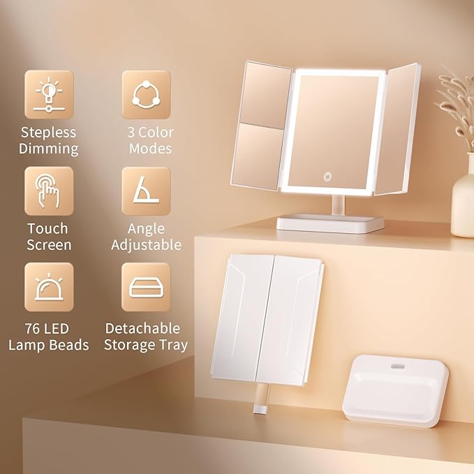 3- Folding Makeup Mirror, 76 lamp Beads, 3 Adjustable Color Modes,Long Press The Touch Button to Adjust The brightness1%-100%, 1x / 2X / 3X Magnification (1, Triplex Mirror Ivory White)