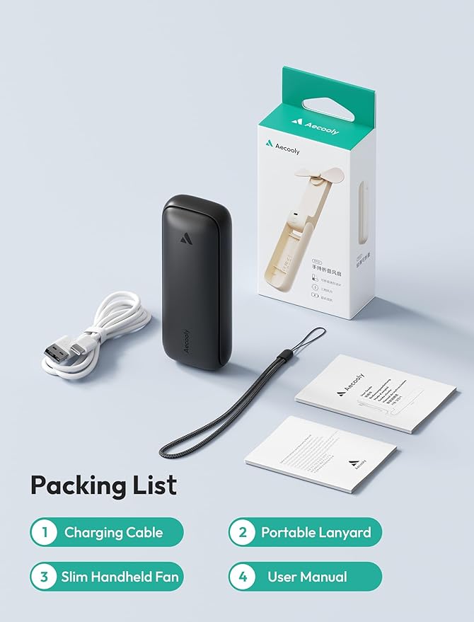 Aecooly Slim Portable Fan, Thin Handheld Fan, USB Rechargeable Mini Personal [24H Max Cooling Time], Battery Powered Small Foldable Pocket for Travel, Summer, Gifts for Women&Men, Girls -Black