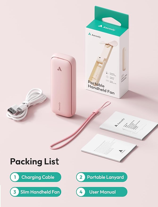 Aecooly Slim Portable Fan 2-Pack, Thin Handheld Fan, USB Rechargeable Mini Personal [24H Max Cooling Time], Battery Powered Small Foldable Pocket for Travel, Summer, Gifts for Women -Pink