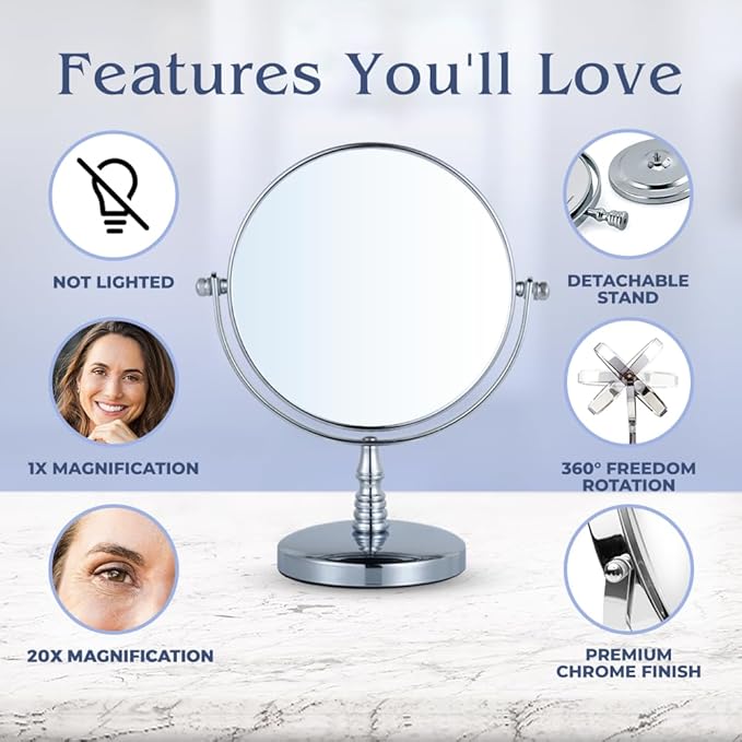 MIRRORVANA 20X Magnifying Makeup Mirror with Stand - Double-Sided 20X/1X Vanity Design for Desk, Countertop, or Bathroom Use - Ideal for Make Up and Skin Care Use - Stands 9" High x 6" Wide (Chrome)