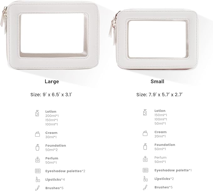 Aveniee Clear Makeup Bag Organizer, Portable Travel Toiletry Cosmetic Bag Case for Women, Heavy Duty Vegan Leather Make Up Pouch with Transparent Vinyl Windows & Gold Zippers 2pcs(Beige)