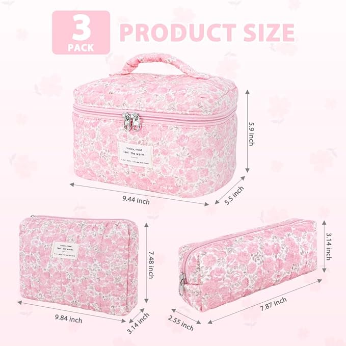 3Pcs Cotton Quilted Makeup Bag Set,Large Floral Cosmetic Bag，Aesthetic Toiletry Travel Makeup Bag Set and Cute Flower Bag for Women Girls (Pink Flower)