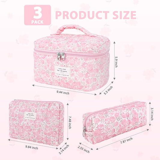 3Pcs Cotton Quilted Makeup Bag Set,Large Floral Cosmetic Bag，Aesthetic Toiletry Travel Makeup Bag Set and Cute Flower Bag for Women Girls (Pink Flower)
