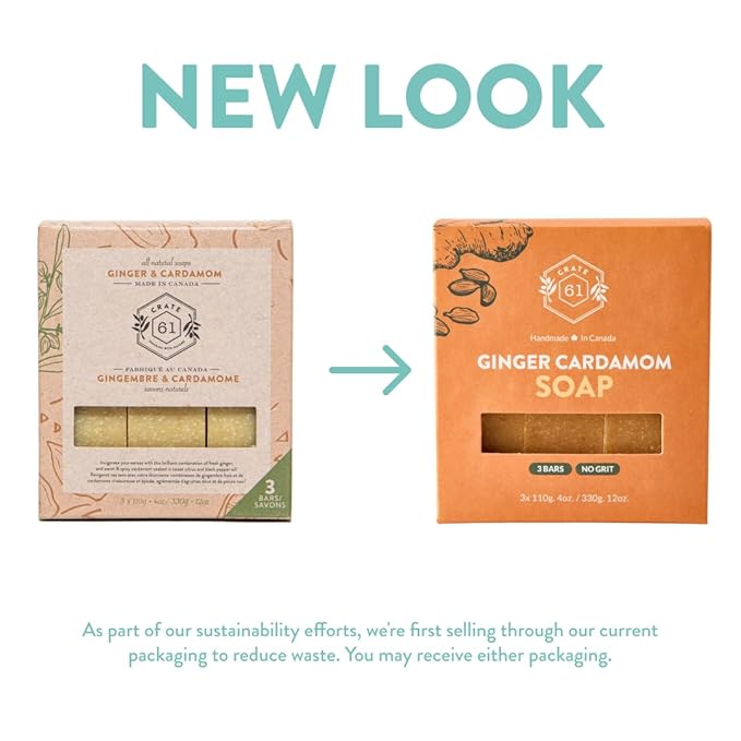 Handmade in Canada, Plant Based Natural Bar Soap Cold Pressed For Face & Body, w/Premium Essential Oils, For Men & Women 3 Pack (Ginger Cardamom)