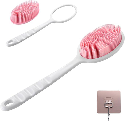 2-in-1 Silicone Body Brush with Detachable Long Handle, Double-Sided Back Scrubber for Bath with Hook, Rich Foam for Deep Cleansing and Exfoliating (Pink/Tip)