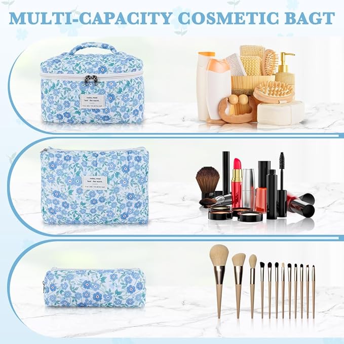 3Pcs Cotton Quilted Makeup Bag Set,Large Floral Cosmetic Bag，Aesthetic Toiletry Travel Makeup Bag Set and Cute Flower Bag for Women Girls (Blue Flower)