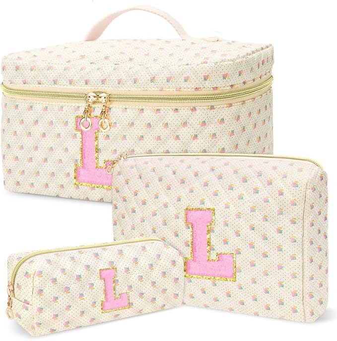 3 PCS Travel Makeup Bag Set, A-Z Initials Cotton Make up Bag Floral Quilted Cosmetic Bag for Girls and Women, Personalized Cute Toiletry Bag Travel Accessories Brushes Bag Yellow - L