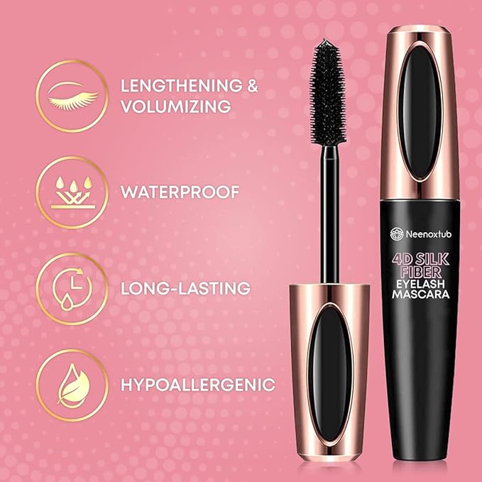 4D Silk Fiber Lash Mascara, Lengthening and Thick, Long Lasting, Waterproof & Smudge-Proof, Hypoallergenic Formula 2 Pack Black